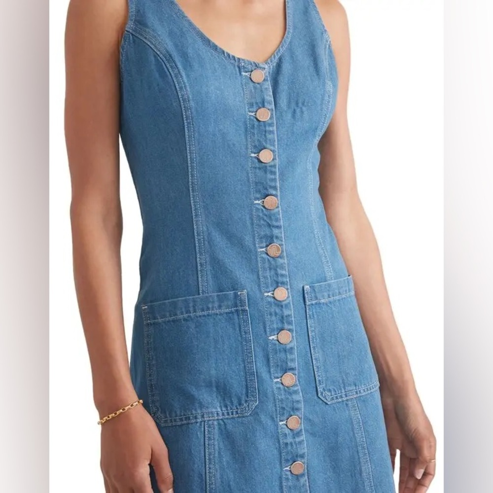 Sleeveless Button-Front Denim Dress in Blue - Picture 5 of 6